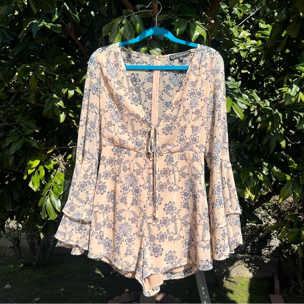 FOR LOVE AND LEMONS peach nude sheer floral‎ long bell sleeve romper